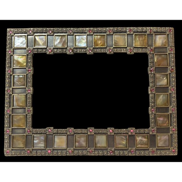 Antique-Style Gold Metal & Mother of Pearl Picture Frame with Pink Gem Accents 6 - Picture 1 of 9